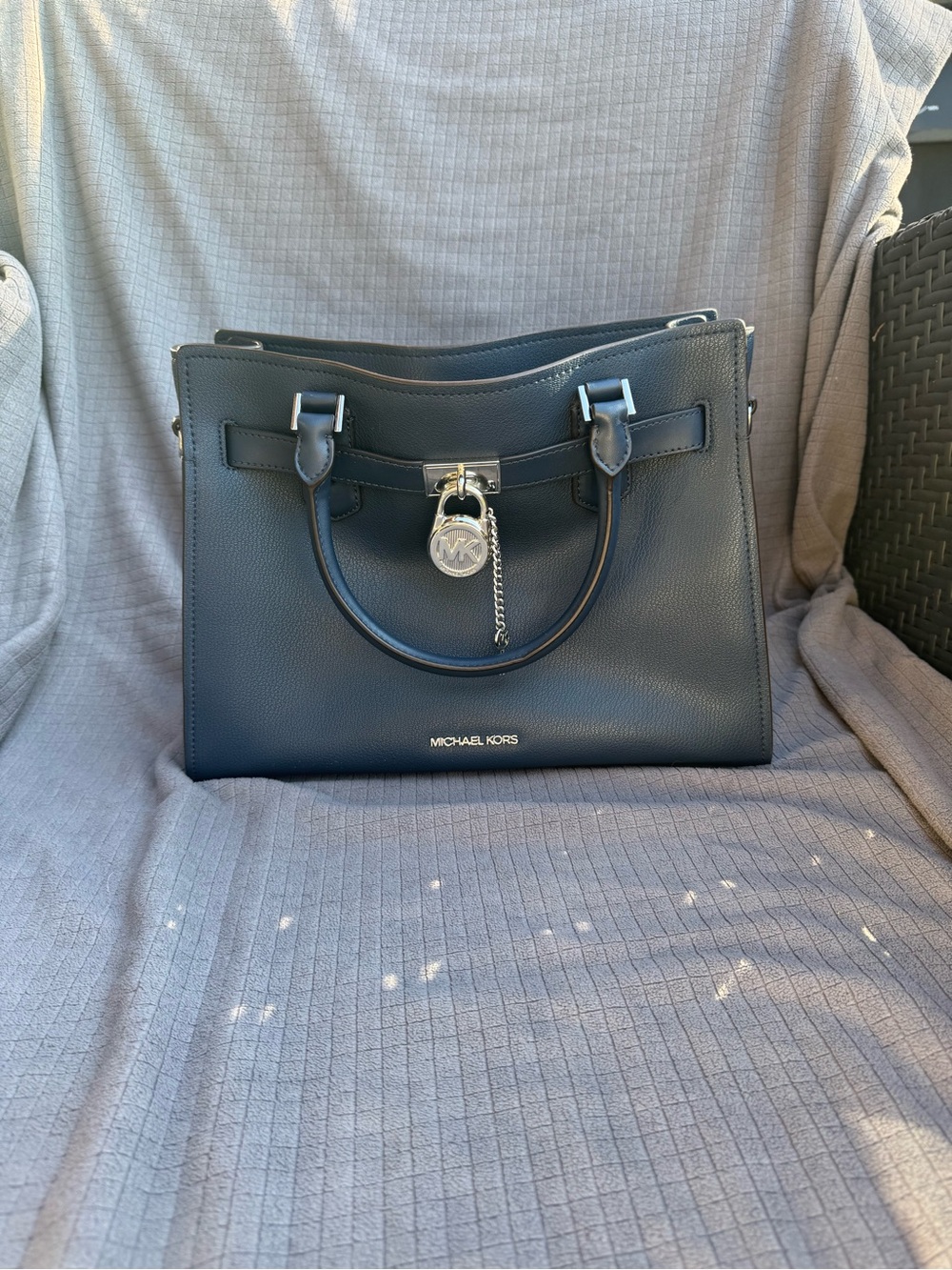 Michael Kors Navy Pebbled Leather Satchel with Logo Charm
